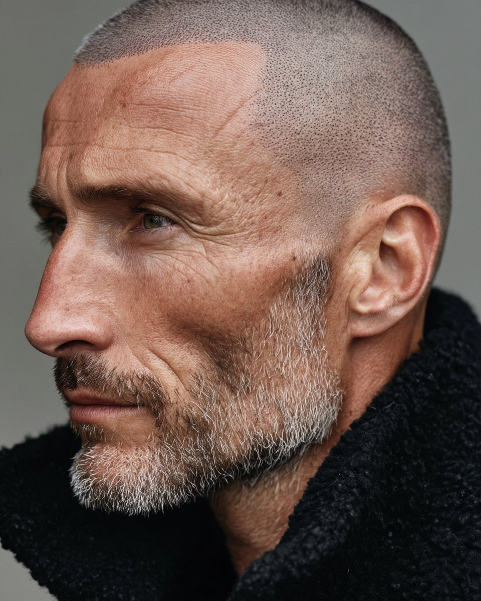 Portrait of a man in profile with a closely buzzed hairline